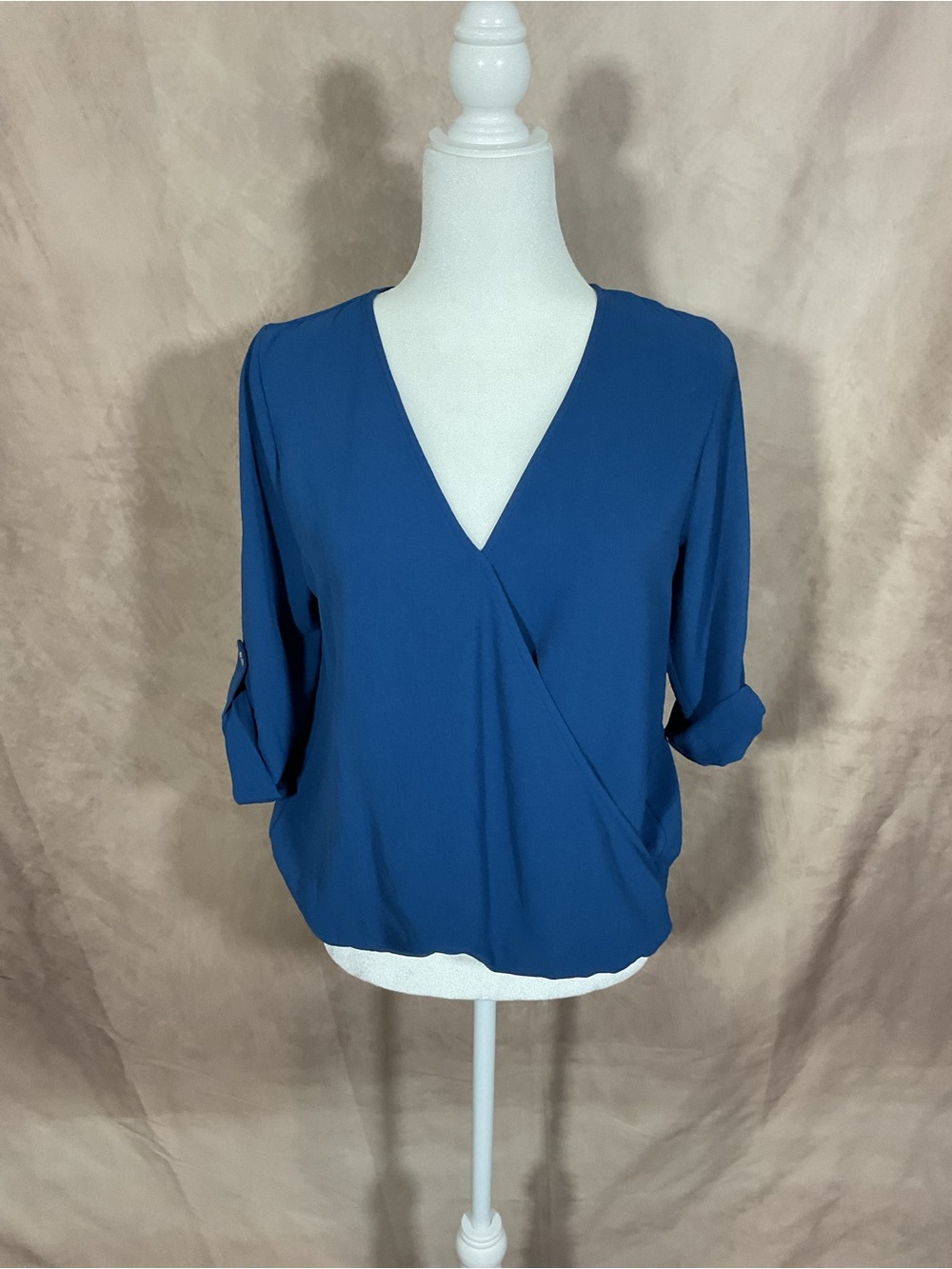 Deep Blue Surplice V-Neck Roll-Tab Blouse